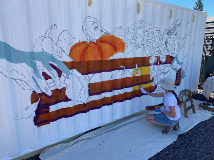 Artist Hillary Edwards works on one of two new Almanor Park murals. Photo by Bob Burton