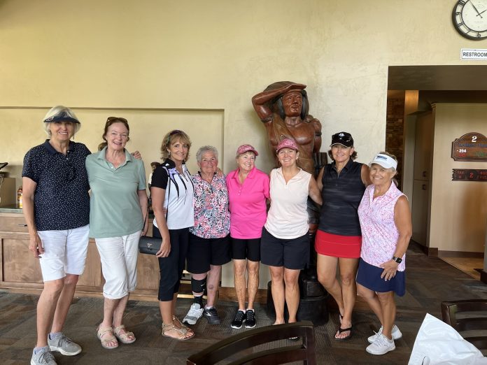 The Partners Eclectic winners gather. From left: Cathe Franck and Diane Forsberg (second), Renee Miller and Dee Walker (fourth), Carol Mitchell and Ginger Holladay-Houston (third), and Debbie Fuetsch and Mikie Burdick (first). Photo courtesy Graeagle Meadows Women's Golf Club
