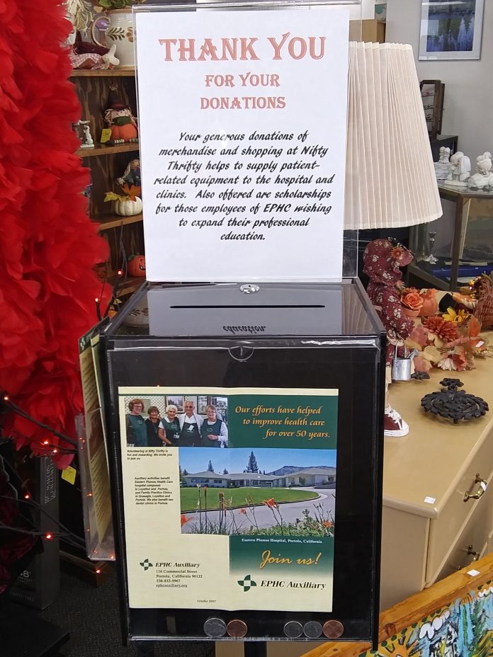 A donation box at the Nifty Thrifty store in Portola is set aside for donations to the Eastern Plumas Health Care Auxiliary scholarship program. Photo courtesy Eastern Plumas Health Care Auxiliary
