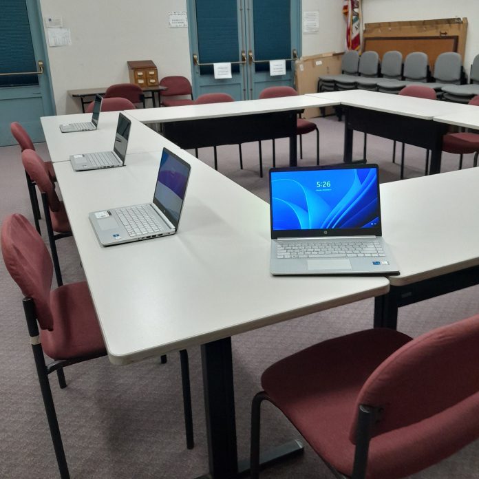 Laptops are ready for students in the Quincy library's upcoming beginning computer class. Photo courtesy Plumas County Library