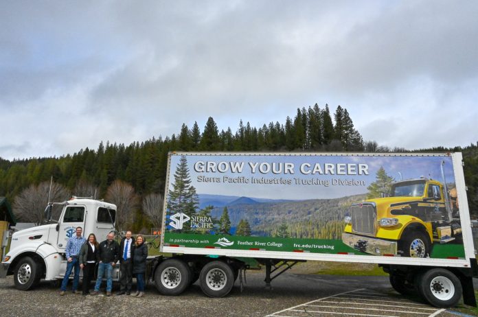 In a new partnership with Sierra Pacific Industries, Feather River College is offering a commercial truck driving course. From left: Jared Morris, FRC instructor; Deanna Lewis Del Carlo, SPI communications coordinator; Leo McMichael, SPI trucking division manager; Derek Lerch, FRC dean of instruction; Carolyn Shipp, FRC internship director. Photo courtesy Feather River College