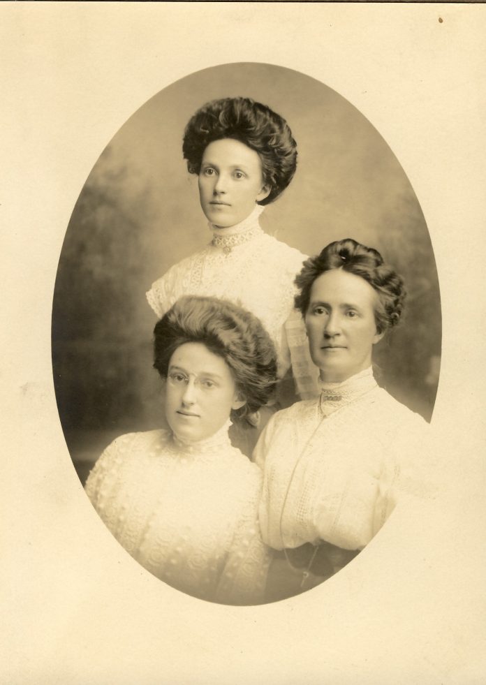 Claire with her mother and sister. Lower left: Eva Cayot. Upper center: Claire Cayot O'Rourke. Right: Claire Quigley Cayot, 