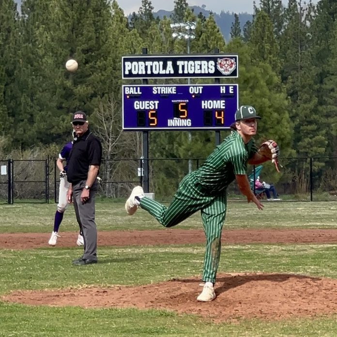 The Chester Volcanoes' Jacob Dowling pitches versus Portola on April 23. Photo by Kim Clark